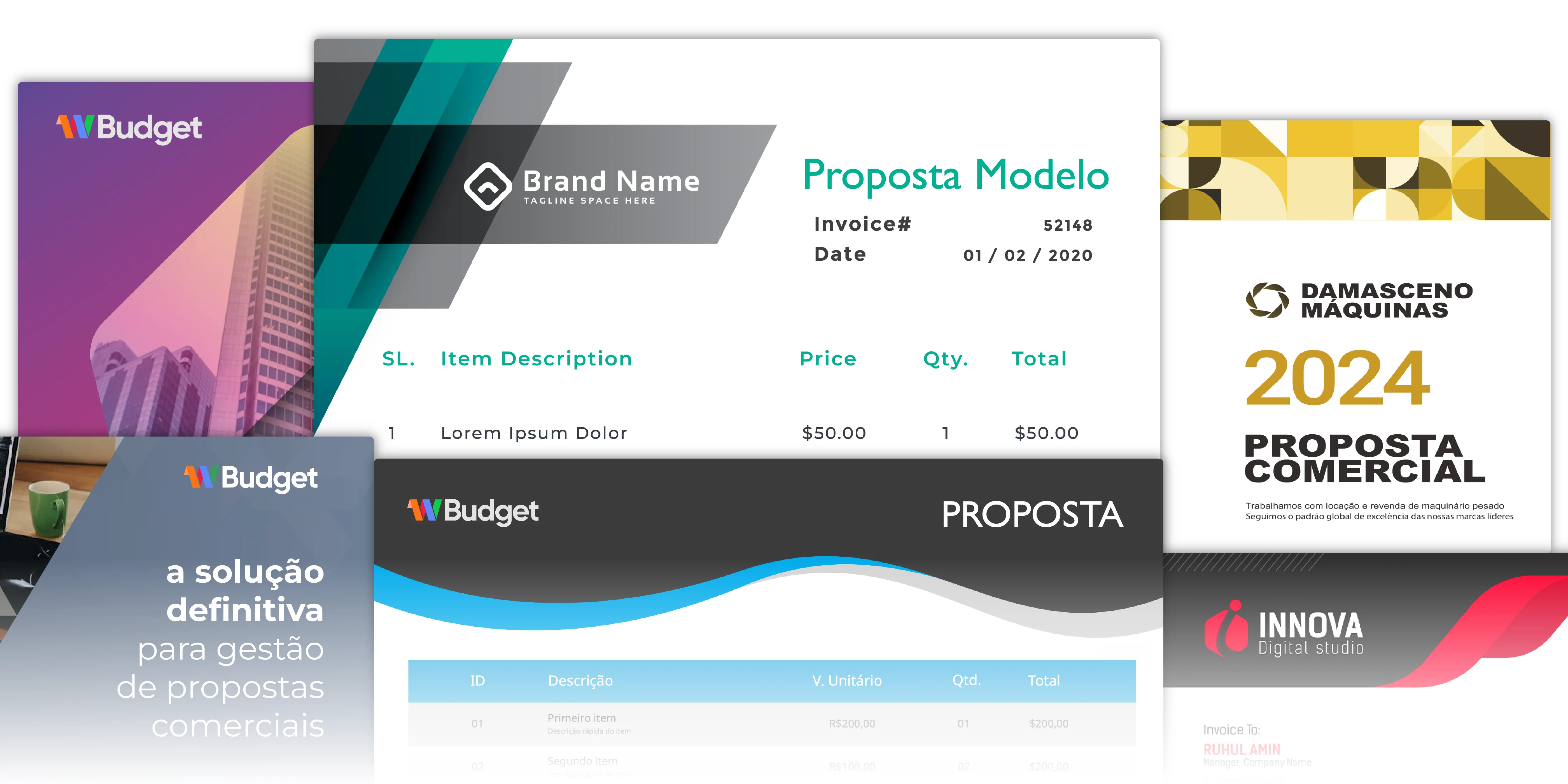 Mosaico de Modelos de Propostas Profissionais do WBudget